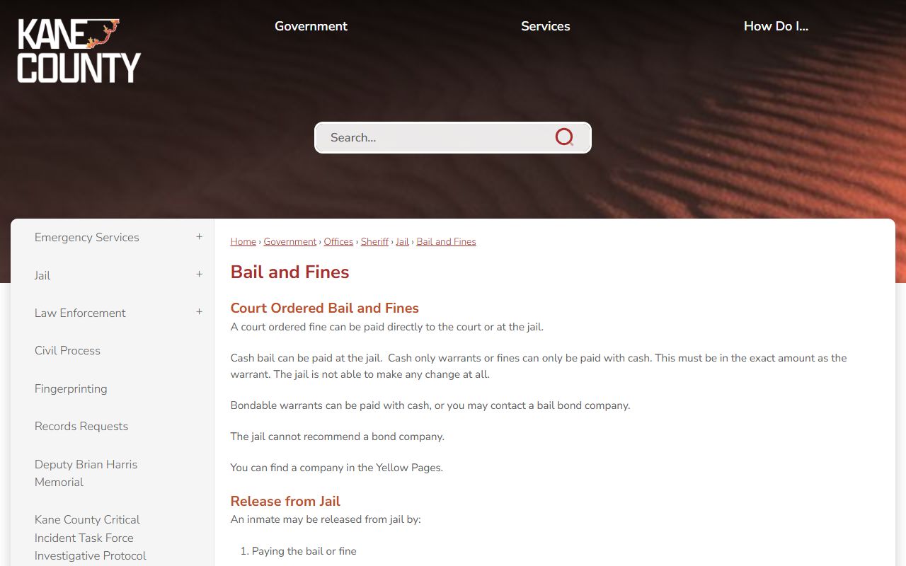 Kane County bail and fines page for cash bail and bondable warrants