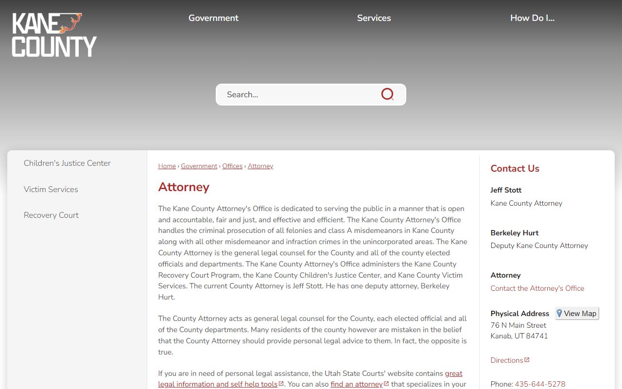 Kane County Attorney page with prosecutor contact information