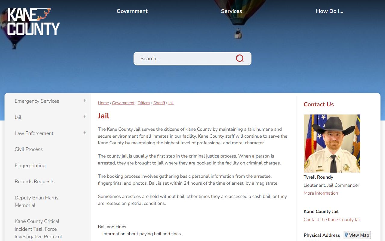Kane County Jail inmate booking and facility information page