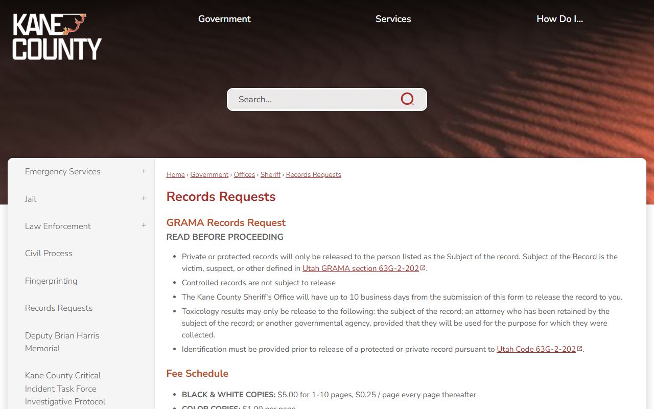 Kane County booking photo records request page