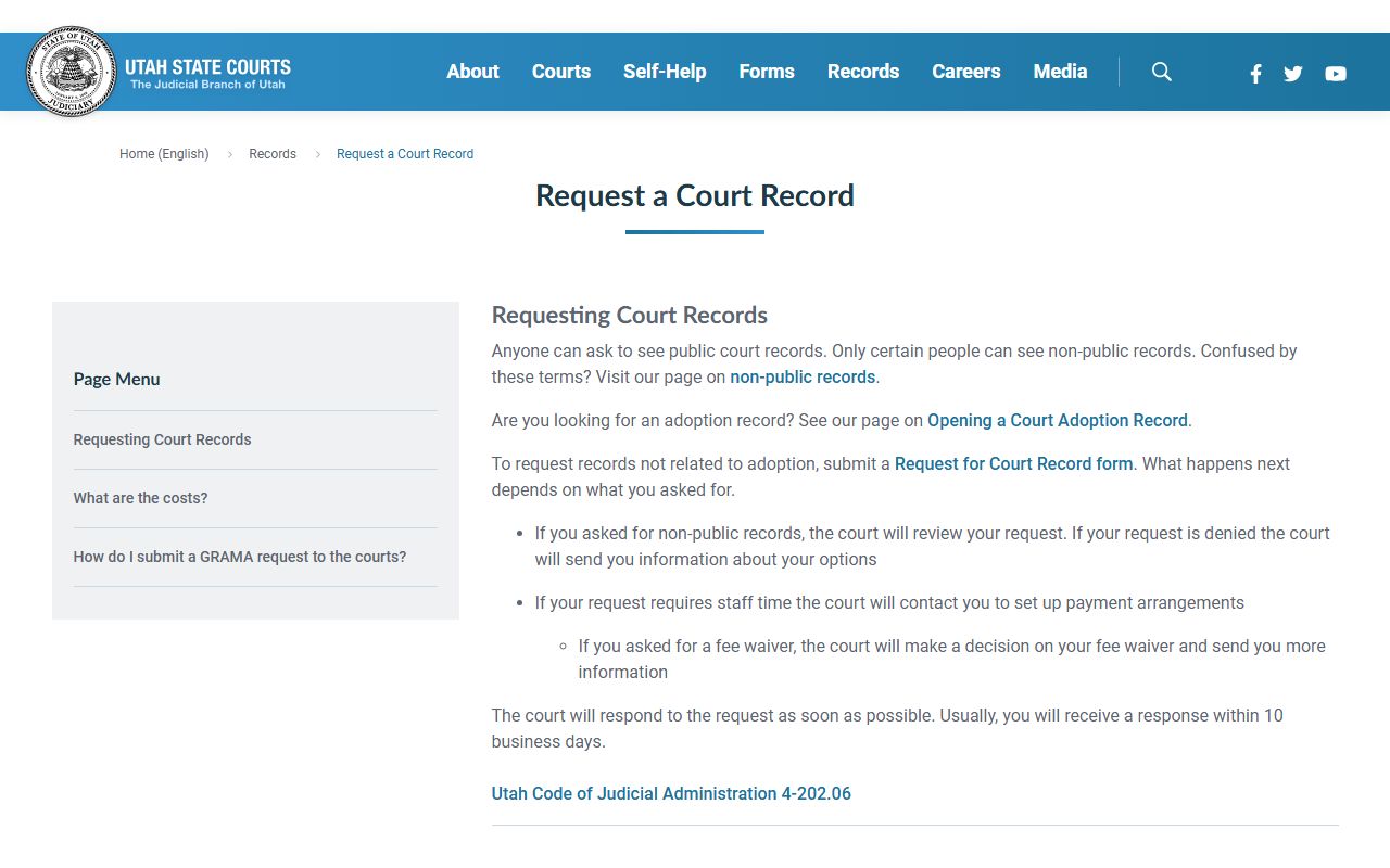 Utah Courts request a court record page
