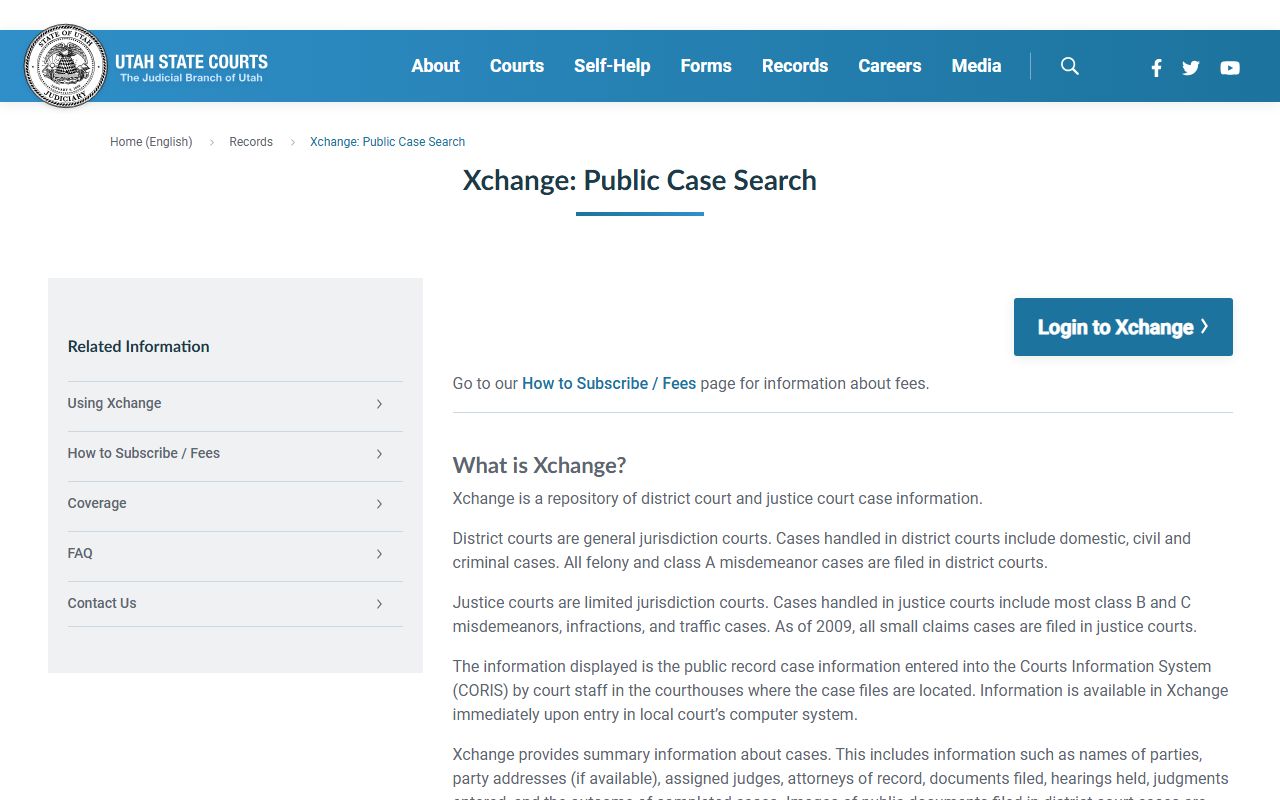 Utah Courts Xchange information page for public case lookup
